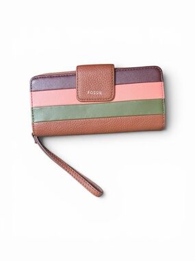 NWT Fossil RFID Leather Zip Around Clutch Wallet Wristlet Colorblock MSRP $88